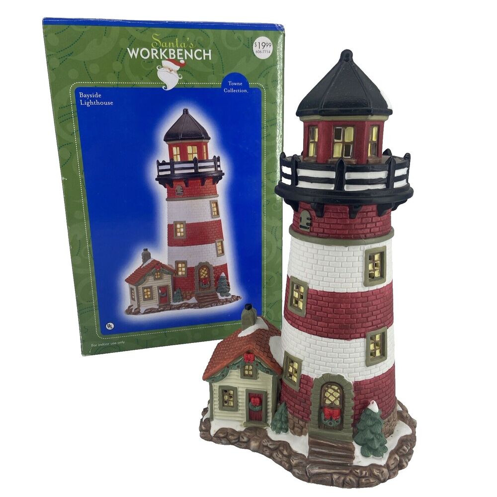 Santa's Workbench Bayside Lighthouse Towne Collection Blink Light Porcelain Box